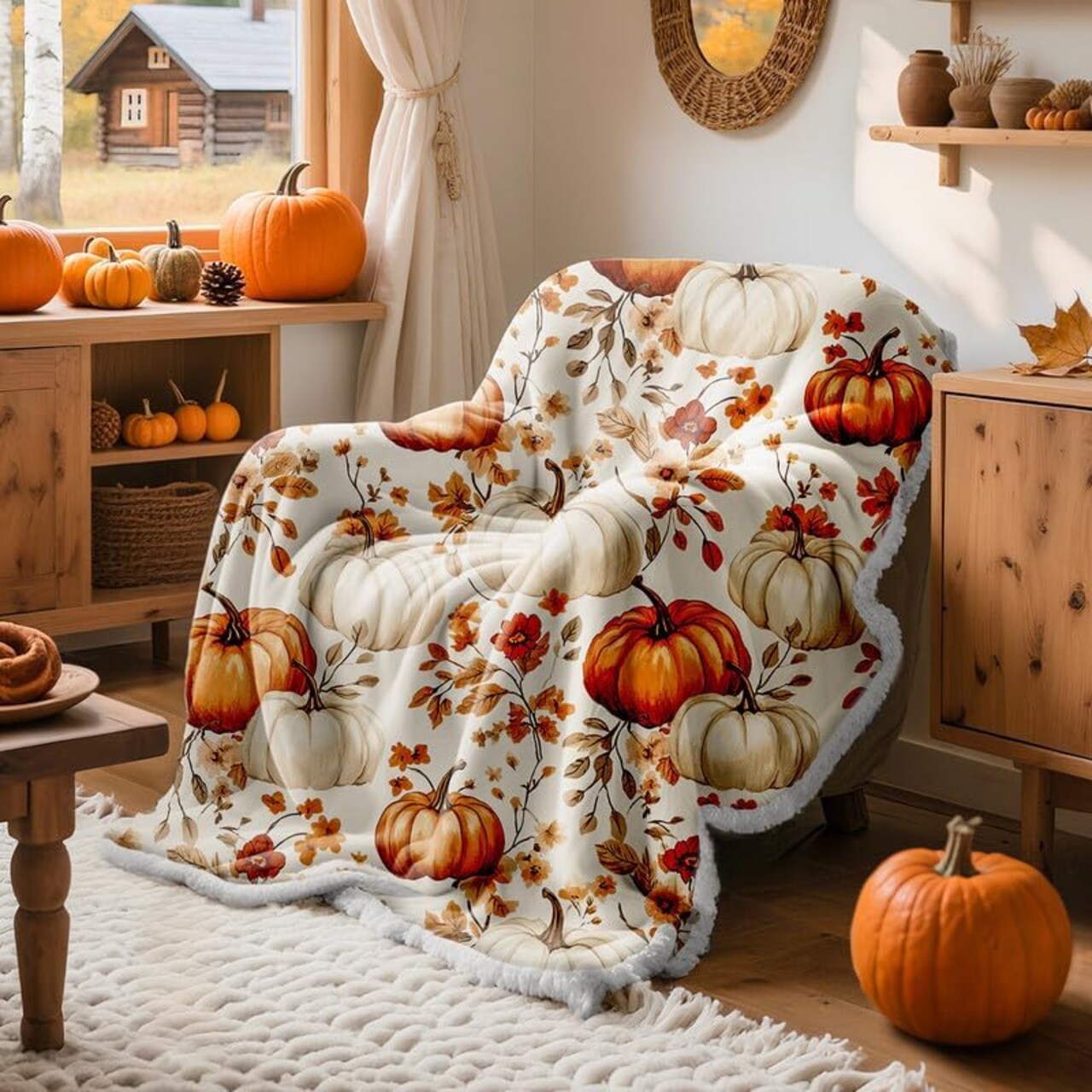 50x60 Fall Pumpkin Flannel Throw Blanket Soft Warm Fleece for Couch Bed